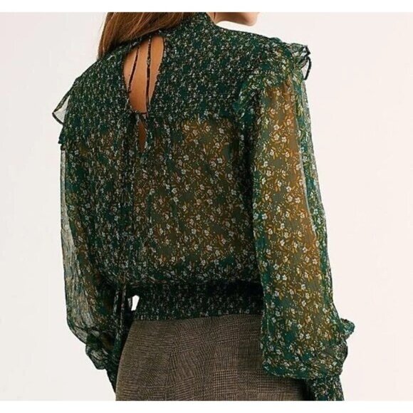Free People Roma Forest Green Floral Sheer Mock Neck Long Sleeve Blouse Medium - Picture 2 of 15